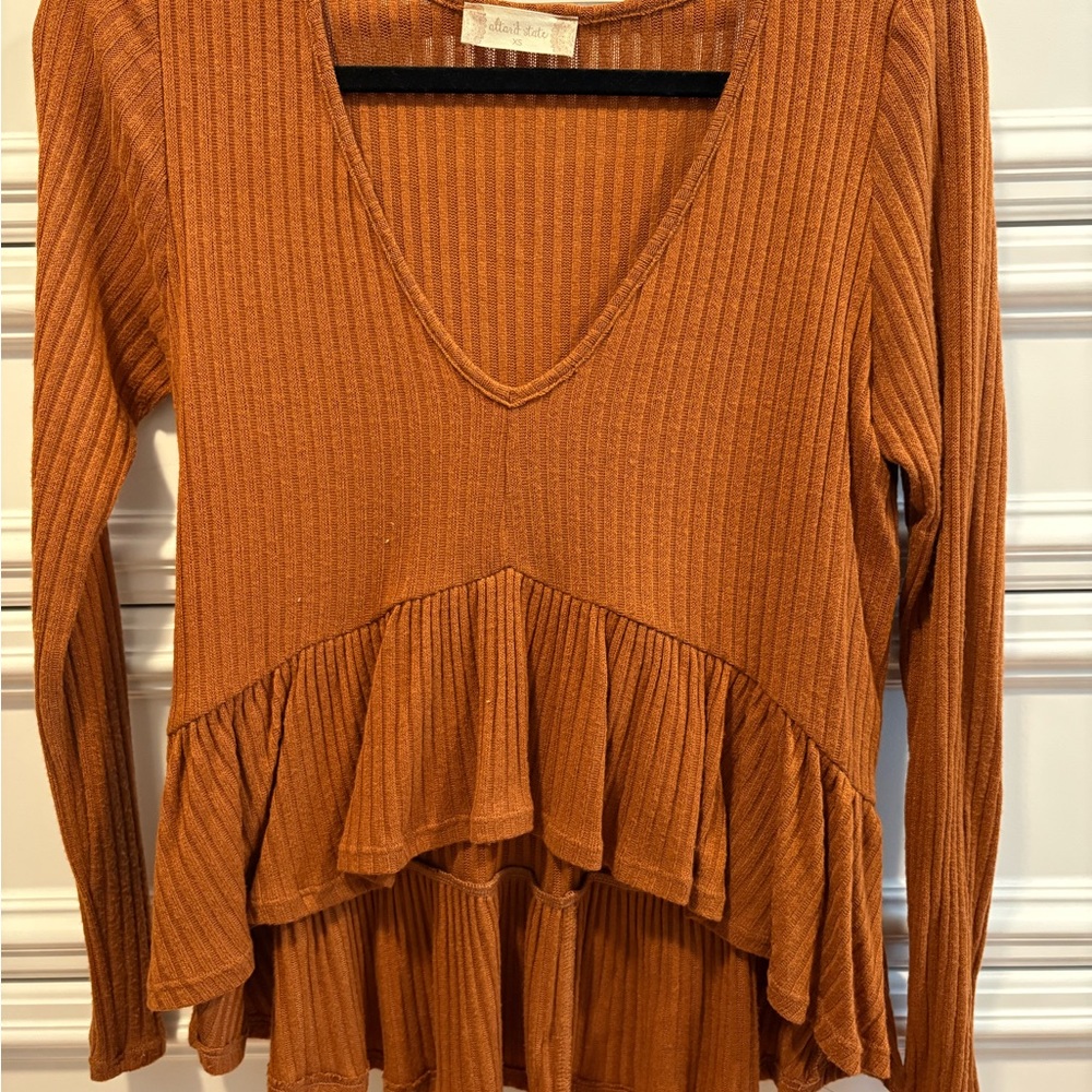 Altar'd State Rust Ribbed Ruffle Blouse